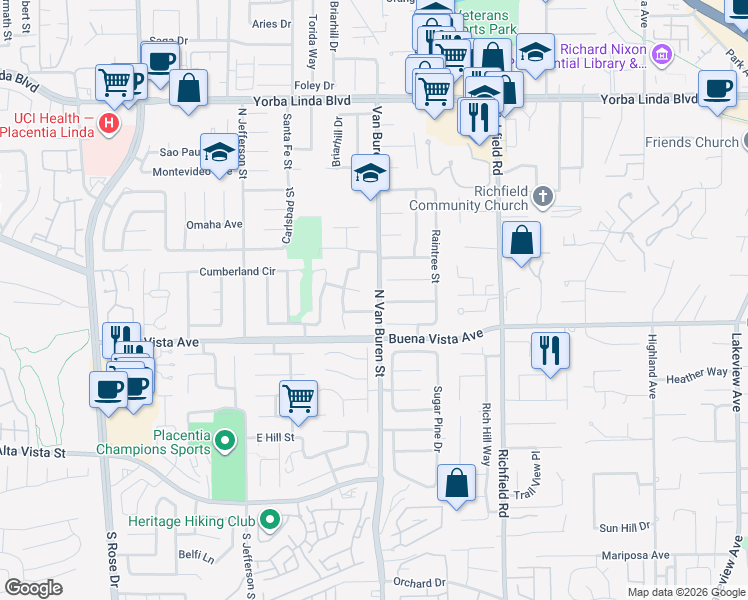 map of restaurants, bars, coffee shops, grocery stores, and more near 17331 Coventry Lane in Yorba Linda