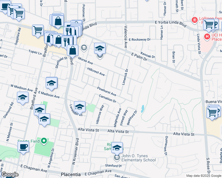 map of restaurants, bars, coffee shops, grocery stores, and more near 1202 Hacienda Street in Placentia