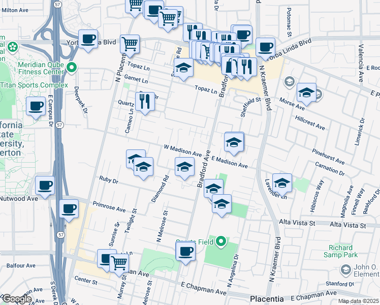 map of restaurants, bars, coffee shops, grocery stores, and more near 1012 Lawanda Place in Placentia