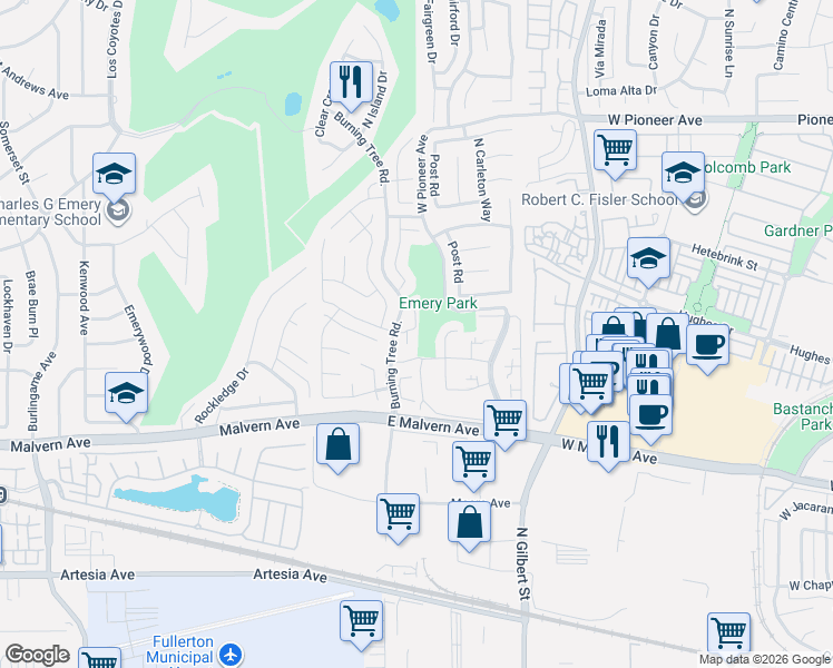 map of restaurants, bars, coffee shops, grocery stores, and more near 1151 Seville Place in Fullerton