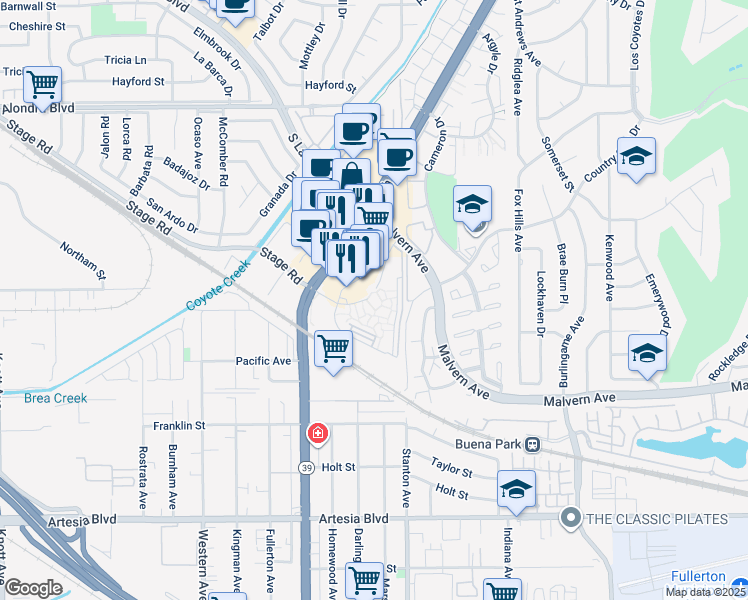 map of restaurants, bars, coffee shops, grocery stores, and more near 5400 Cascade Way in Buena Park