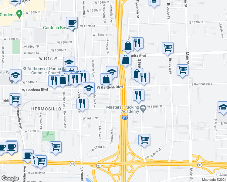map of restaurants, bars, coffee shops, grocery stores, and more near 647 West Gardena Boulevard in Gardena