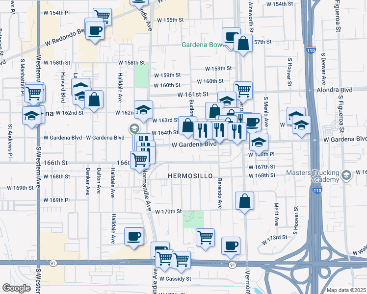map of restaurants, bars, coffee shops, grocery stores, and more near 16409 Budlong Avenue in Gardena
