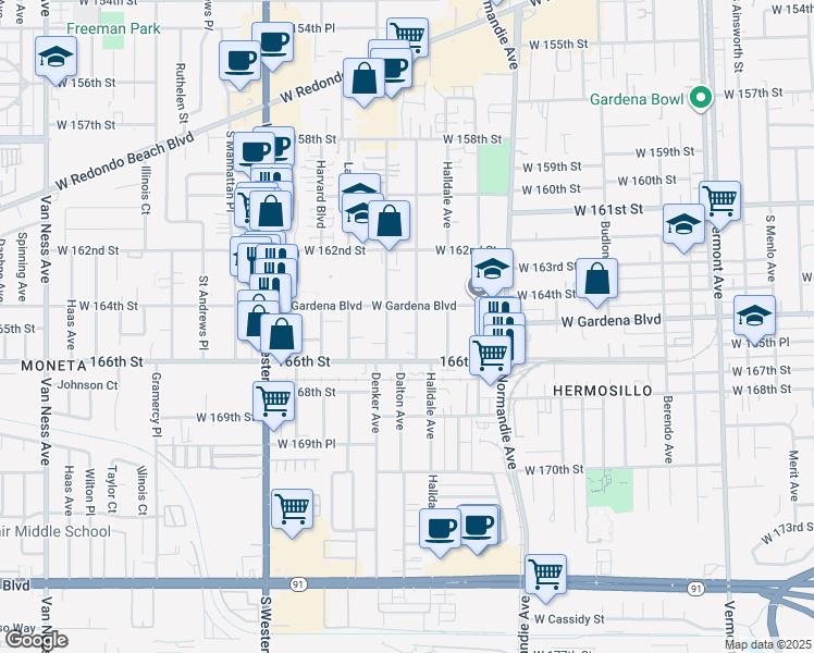 map of restaurants, bars, coffee shops, grocery stores, and more near 16321 Dalton Avenue in Gardena