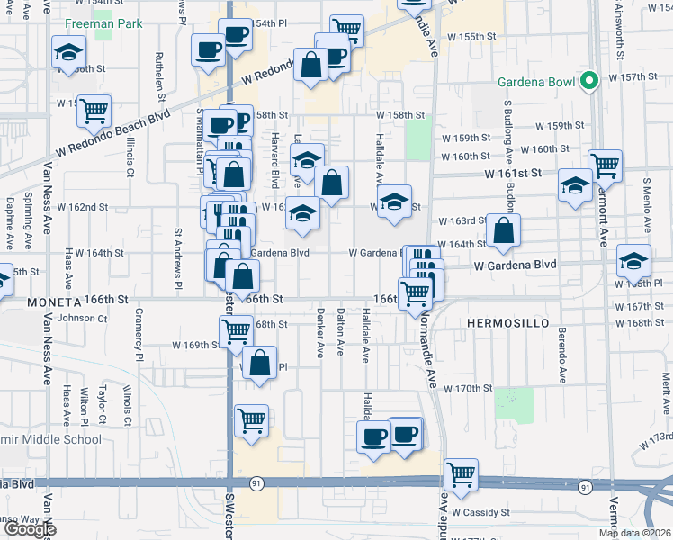 map of restaurants, bars, coffee shops, grocery stores, and more near 16321 Dalton Avenue in Gardena