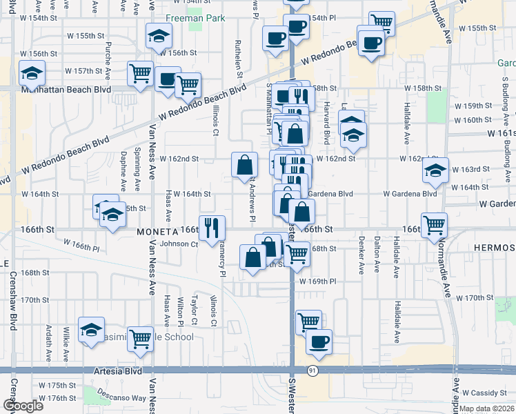 map of restaurants, bars, coffee shops, grocery stores, and more near 1849 West Gardena Boulevard in Gardena
