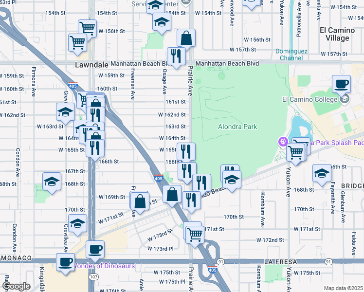 map of restaurants, bars, coffee shops, grocery stores, and more near in Lawndale