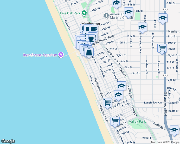 map of restaurants, bars, coffee shops, grocery stores, and more near 129 Eighth Street in Manhattan Beach