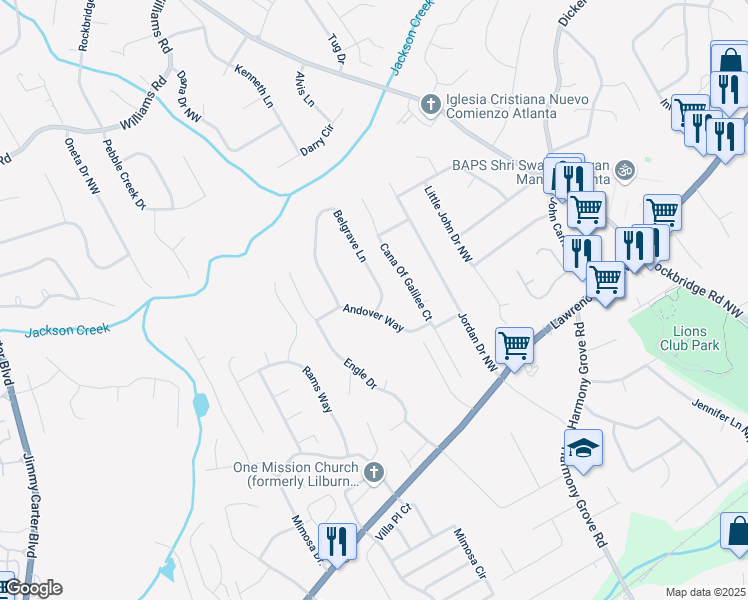 map of restaurants, bars, coffee shops, grocery stores, and more near 473 Cana Of Galilee Court in Tucker