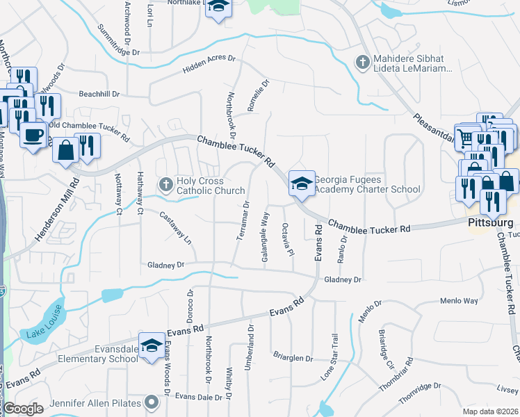 map of restaurants, bars, coffee shops, grocery stores, and more near 3143 Terramar Drive in Chamblee
