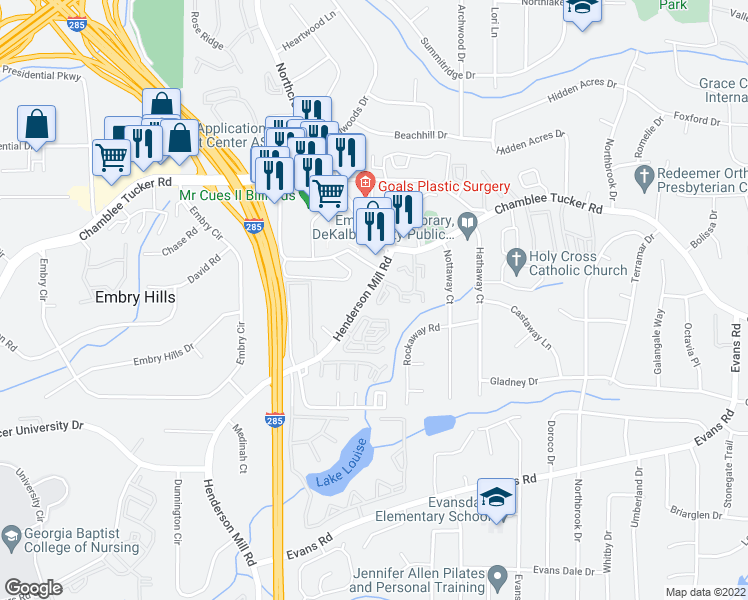 map of restaurants, bars, coffee shops, grocery stores, and more near 3310 Henderson Mill Road in Atlanta