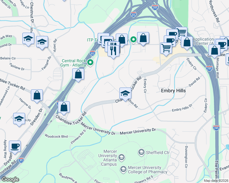 map of restaurants, bars, coffee shops, grocery stores, and more near 3173 Barkside Court in Chamblee