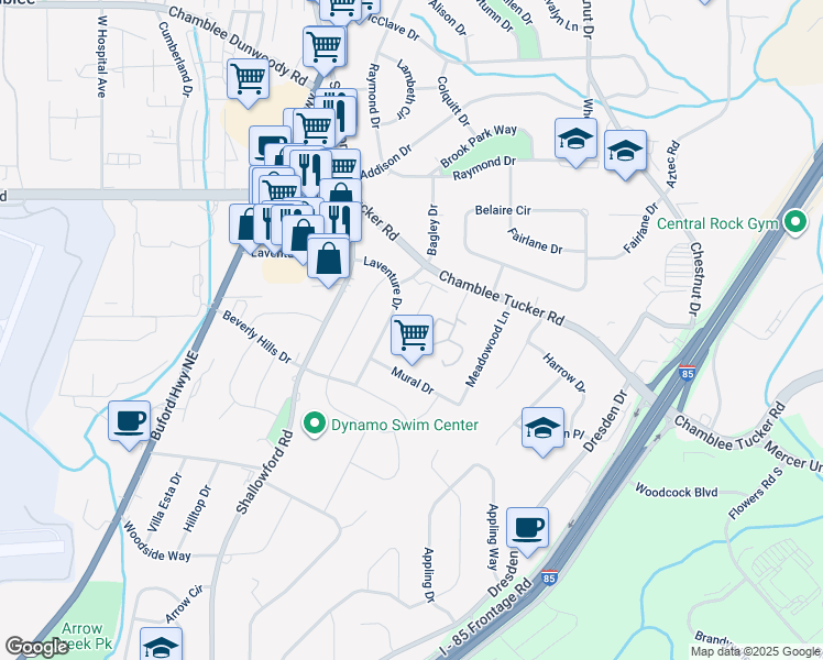 map of restaurants, bars, coffee shops, grocery stores, and more near 2657 Meadow Court in Chamblee