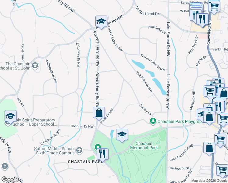 map of restaurants, bars, coffee shops, grocery stores, and more near 4644 Stella Drive Northwest in Sandy Springs