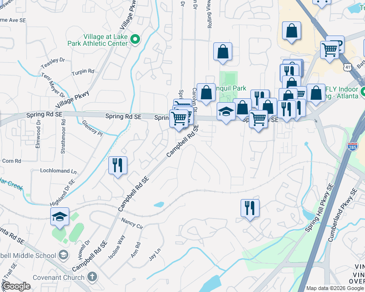 map of restaurants, bars, coffee shops, grocery stores, and more near 2350 Spring Road Southeast in Smyrna