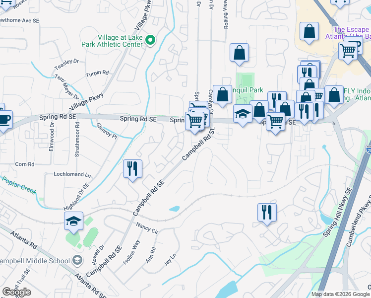 map of restaurants, bars, coffee shops, grocery stores, and more near 2505 Country Park Drive in Smyrna