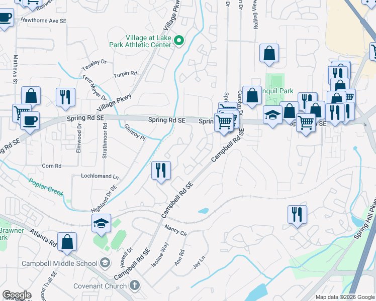 map of restaurants, bars, coffee shops, grocery stores, and more near 605 Countryside Place in Smyrna
