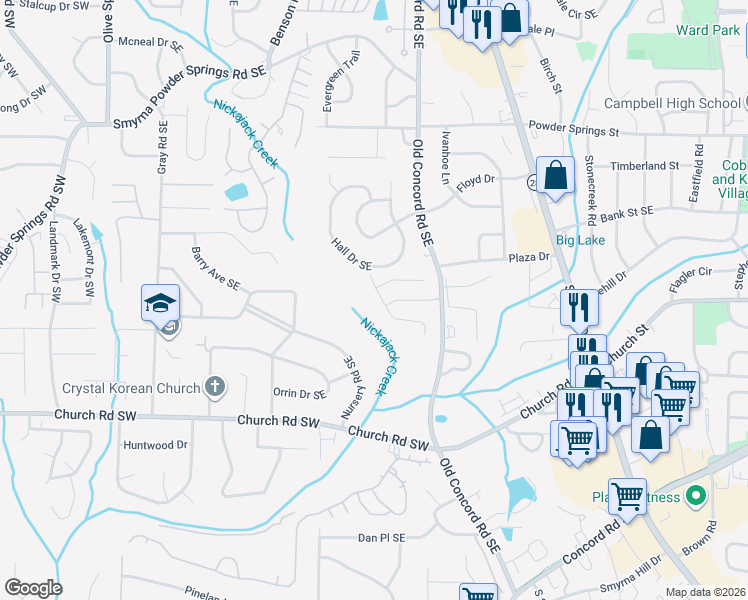 map of restaurants, bars, coffee shops, grocery stores, and more near 1212 Magnolia Way Southeast in Smyrna
