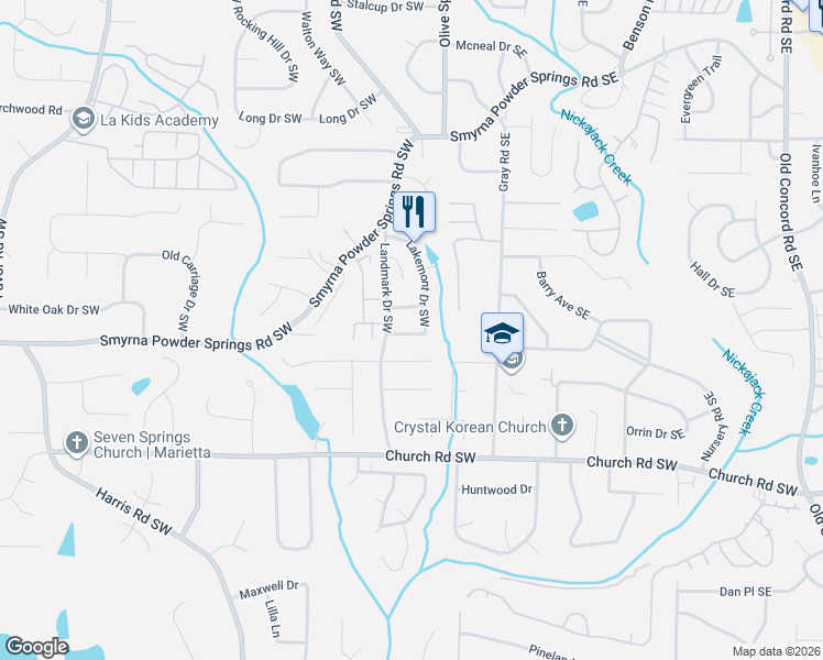 map of restaurants, bars, coffee shops, grocery stores, and more near 111 Jennifer Lane Southwest in Marietta