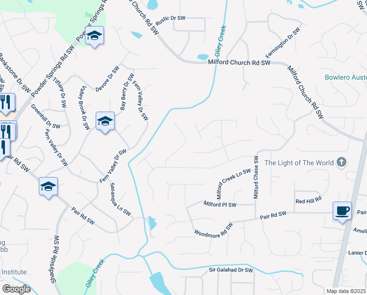 map of restaurants, bars, coffee shops, grocery stores, and more near 3049 Milford Chase Overlook Southwest in Marietta