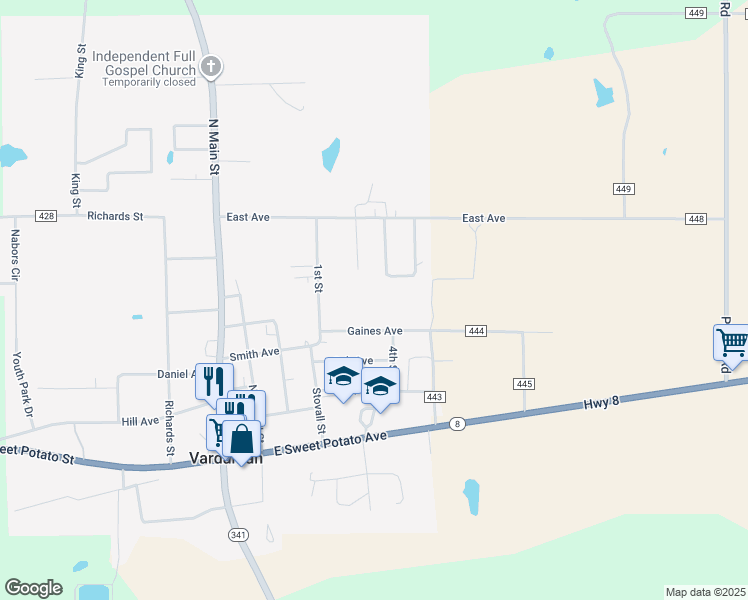 map of restaurants, bars, coffee shops, grocery stores, and more near 100-134 Douglas Circle in Vardaman