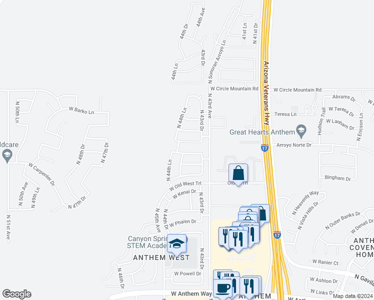 map of restaurants, bars, coffee shops, grocery stores, and more near 4334 West Lapenna Drive in Phoenix