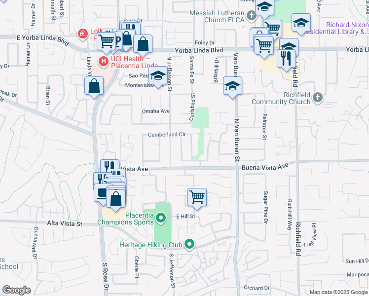 map of restaurants, bars, coffee shops, grocery stores, and more near 5402 Redwood Street in Yorba Linda