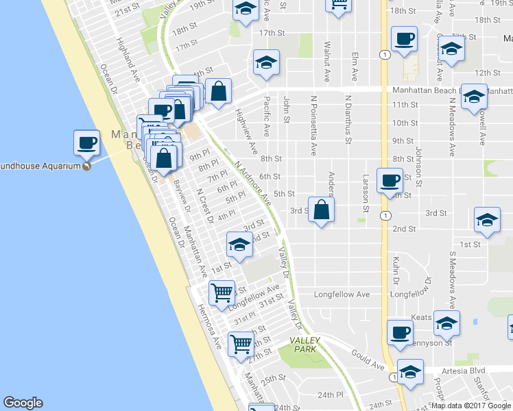 map of restaurants, bars, coffee shops, grocery stores, and more near 541 4th Street in Manhattan Beach