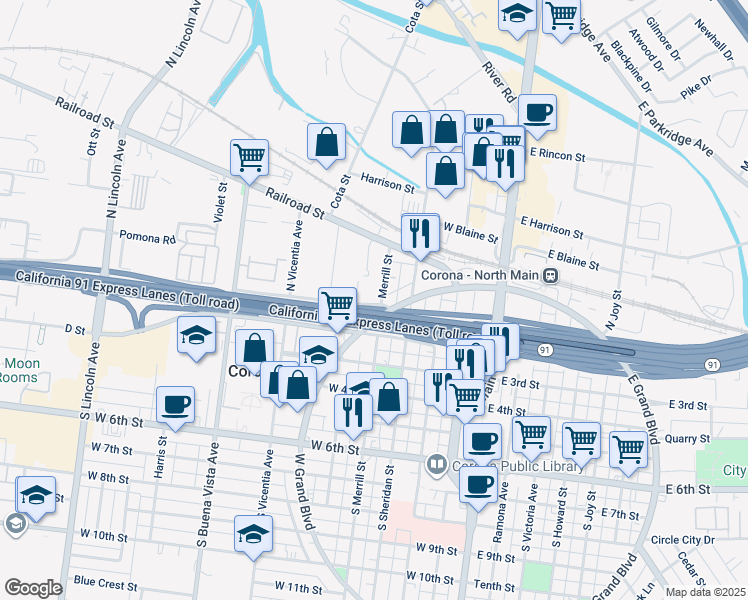 map of restaurants, bars, coffee shops, grocery stores, and more near 112 Merrill Street in Corona