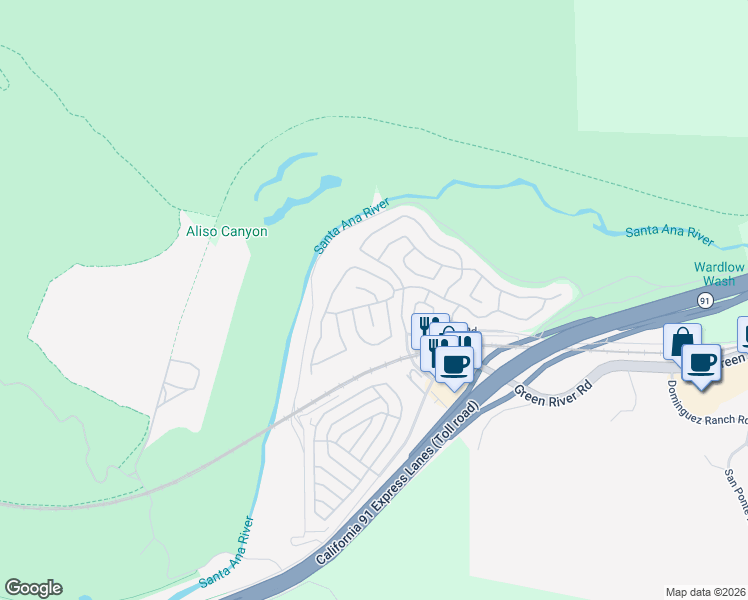 map of restaurants, bars, coffee shops, grocery stores, and more near 11455 Foxglove Lane in Corona