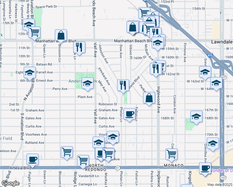 map of restaurants, bars, coffee shops, grocery stores, and more near 2814 Pinckard Avenue in Redondo Beach