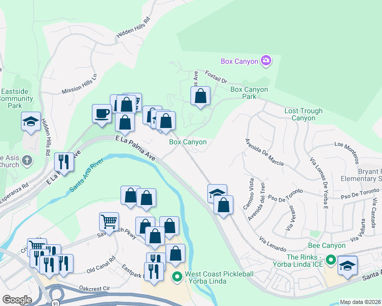 map of restaurants, bars, coffee shops, grocery stores, and more near 1700 Copper Canyon Road in Yorba Linda