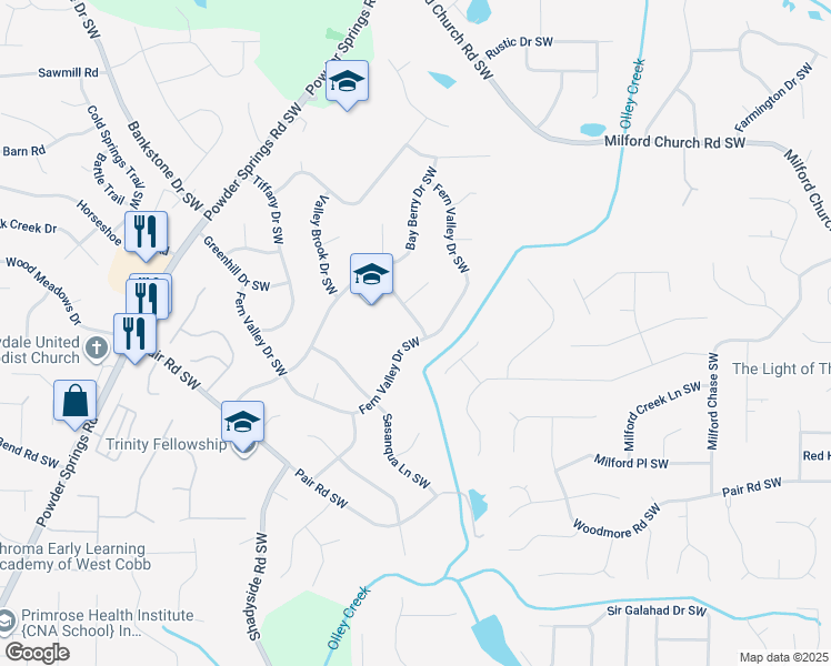 map of restaurants, bars, coffee shops, grocery stores, and more near 3173 Fern Valley Drive Southwest in Marietta