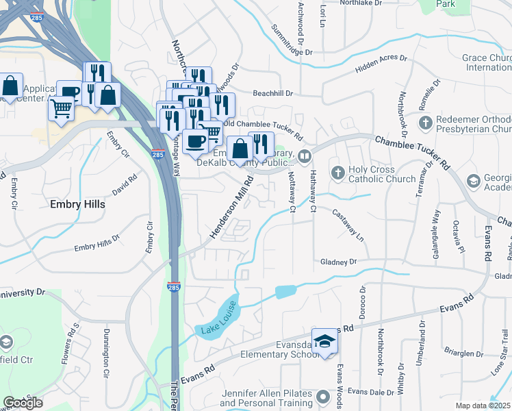 map of restaurants, bars, coffee shops, grocery stores, and more near 3301 Henderson Mill Road in Atlanta