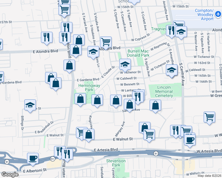 map of restaurants, bars, coffee shops, grocery stores, and more near 1516 South Visalia Avenue in Compton