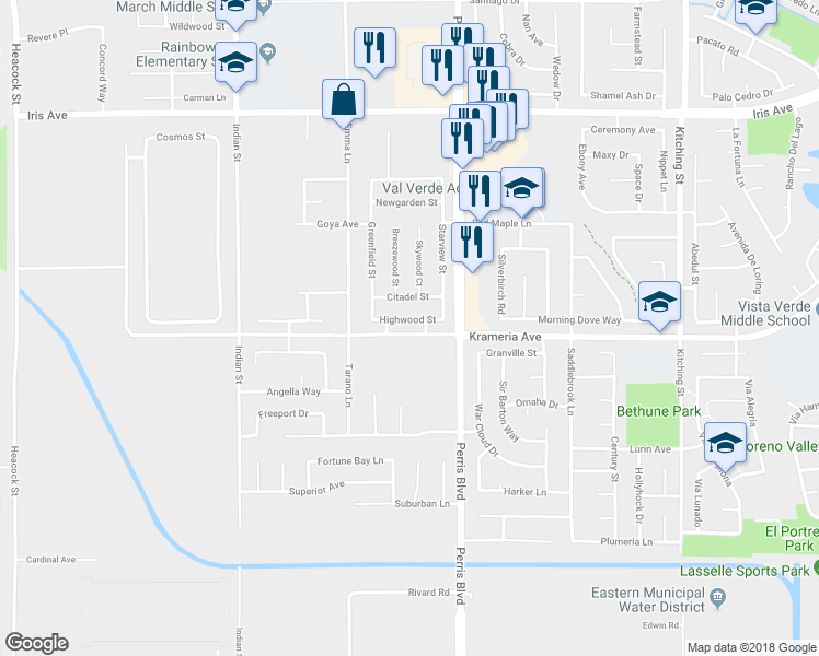 map of restaurants, bars, coffee shops, grocery stores, and more near 24861 Highwood Street in Moreno Valley