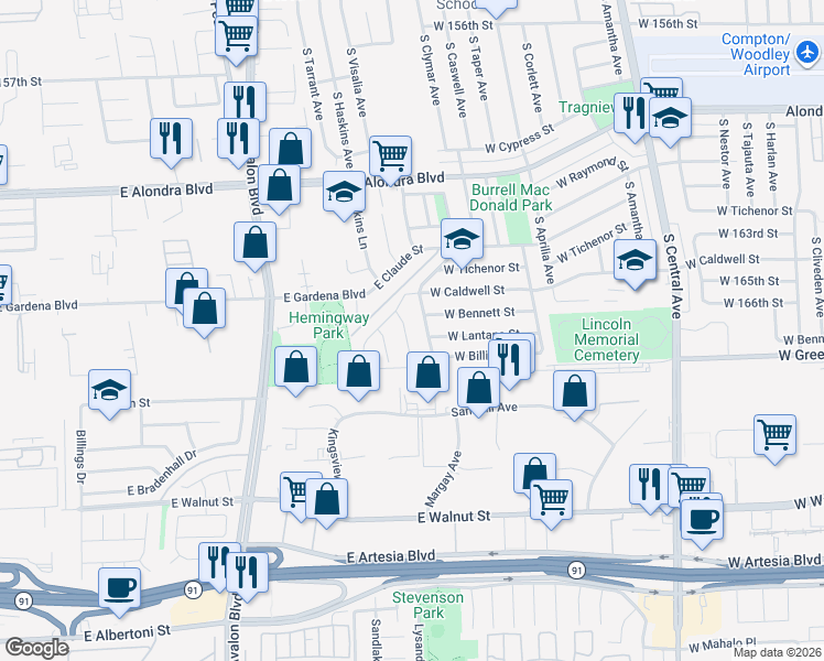 map of restaurants, bars, coffee shops, grocery stores, and more near 1516 South Visalia Avenue in Compton