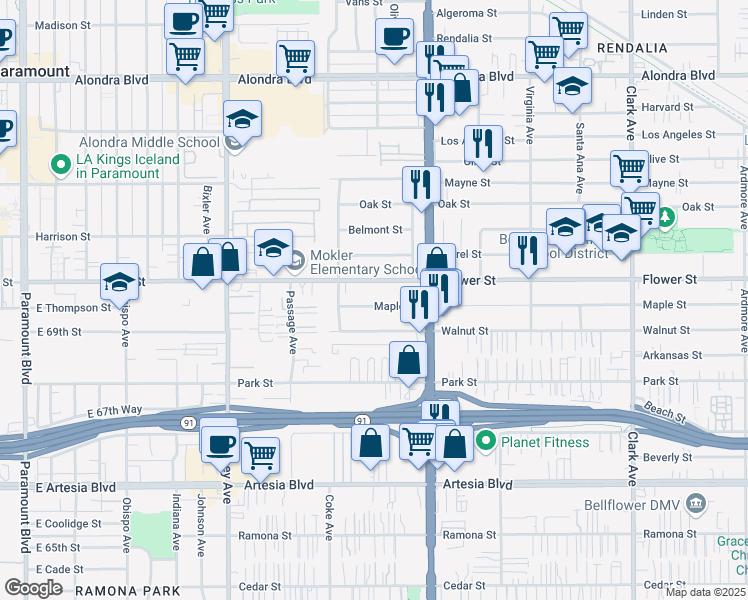 map of restaurants, bars, coffee shops, grocery stores, and more near 8743 Maple Street in Bellflower