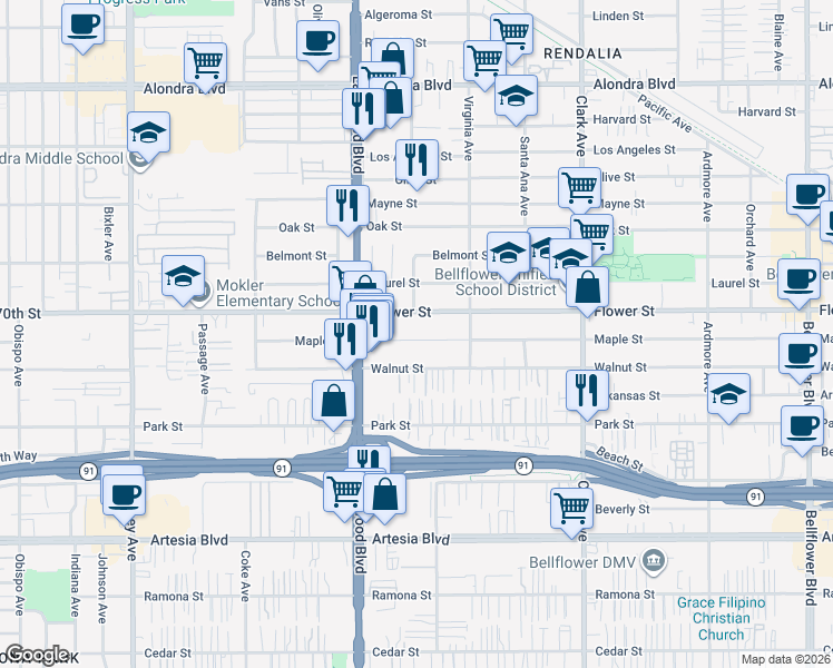 map of restaurants, bars, coffee shops, grocery stores, and more near 9103 Maple Street in Bellflower