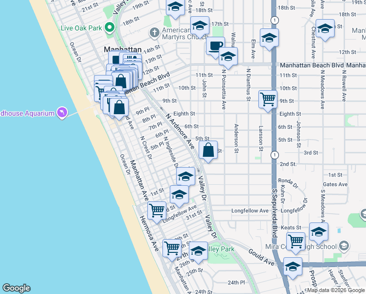 map of restaurants, bars, coffee shops, grocery stores, and more near 541 4th Street in Manhattan Beach