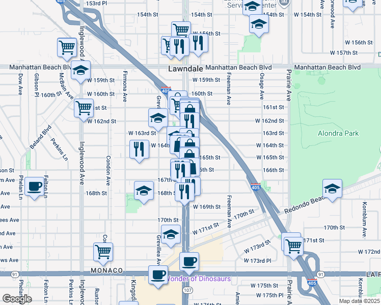 map of restaurants, bars, coffee shops, grocery stores, and more near 4337 West 164th Street in Lawndale