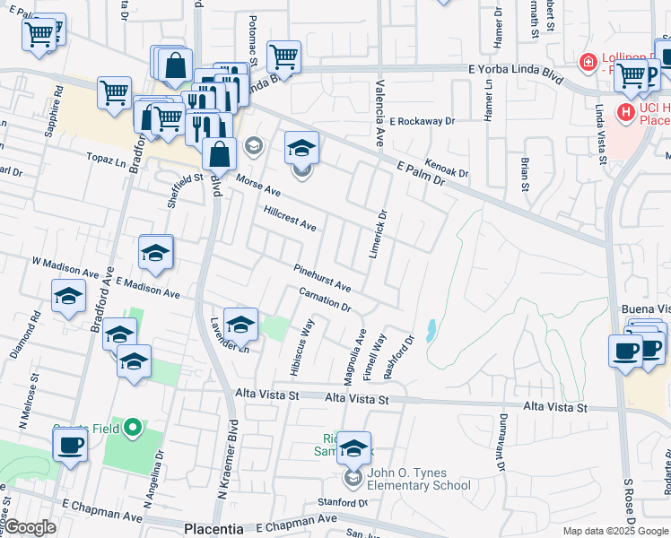 map of restaurants, bars, coffee shops, grocery stores, and more near 1202 Hacienda Street in Placentia
