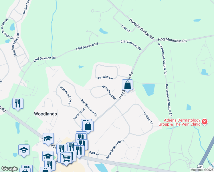 map of restaurants, bars, coffee shops, grocery stores, and more near 1270 12 Oaks Circle in Watkinsville