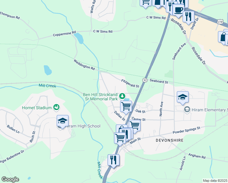 map of restaurants, bars, coffee shops, grocery stores, and more near 194 Alexander Street in Hiram