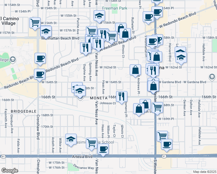 map of restaurants, bars, coffee shops, grocery stores, and more near 16415 Wilton Place in Torrance