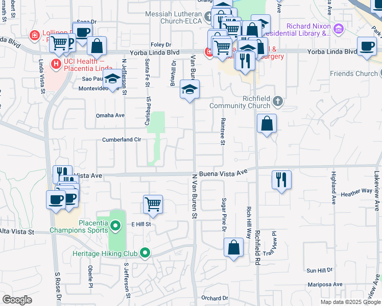 map of restaurants, bars, coffee shops, grocery stores, and more near 1001 North Van Buren Street in Placentia