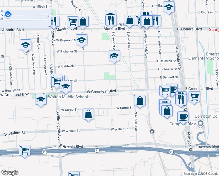 map of restaurants, bars, coffee shops, grocery stores, and more near 416 West Bennett Street in Compton