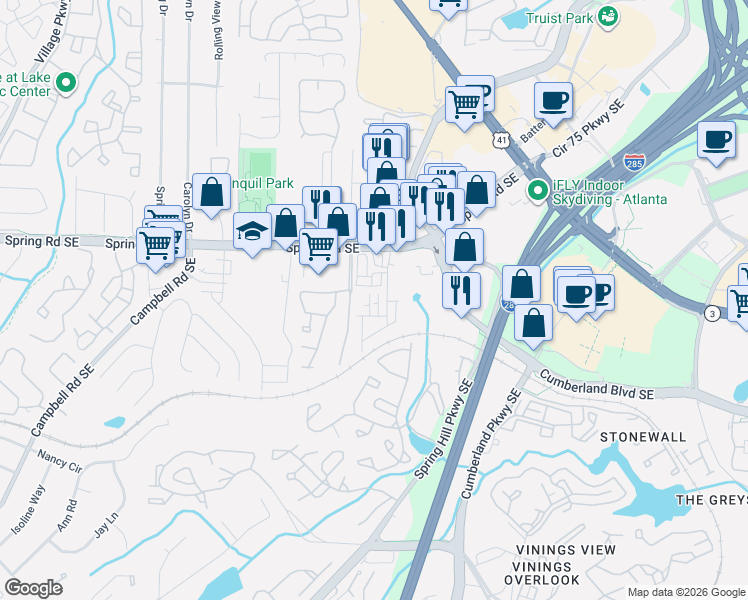map of restaurants, bars, coffee shops, grocery stores, and more near 3103 Sports Avenue Southeast in Smyrna