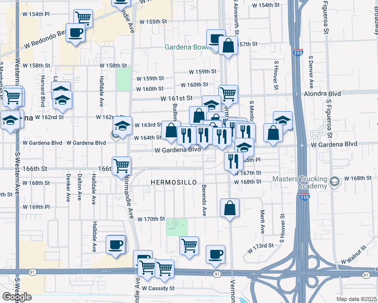 map of restaurants, bars, coffee shops, grocery stores, and more near 1/2 West Gardena Boulevard in Gardena