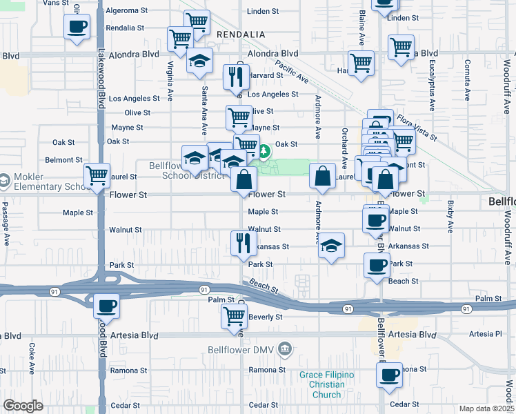 map of restaurants, bars, coffee shops, grocery stores, and more near 9429 Maple Street in Bellflower